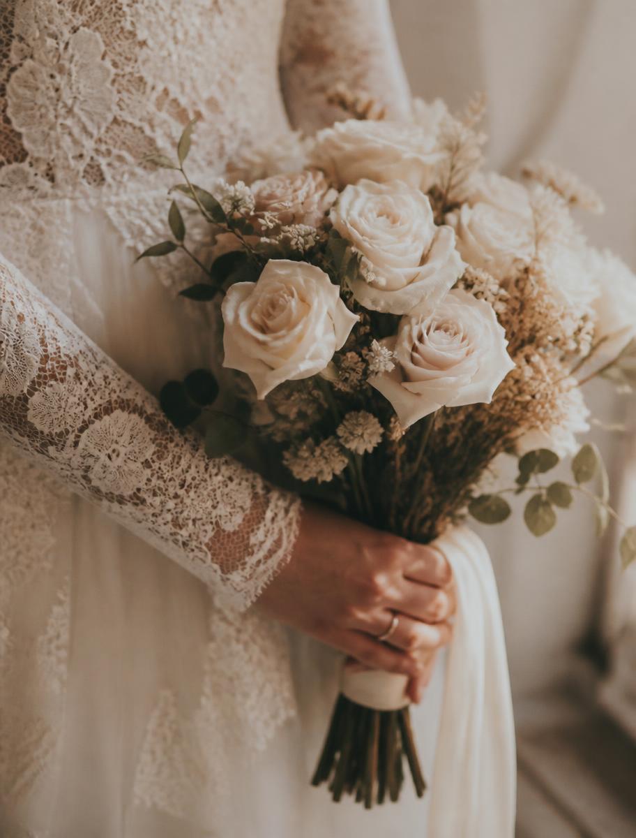 A bride holding a bouquet of cream roses, close detail in soft window light