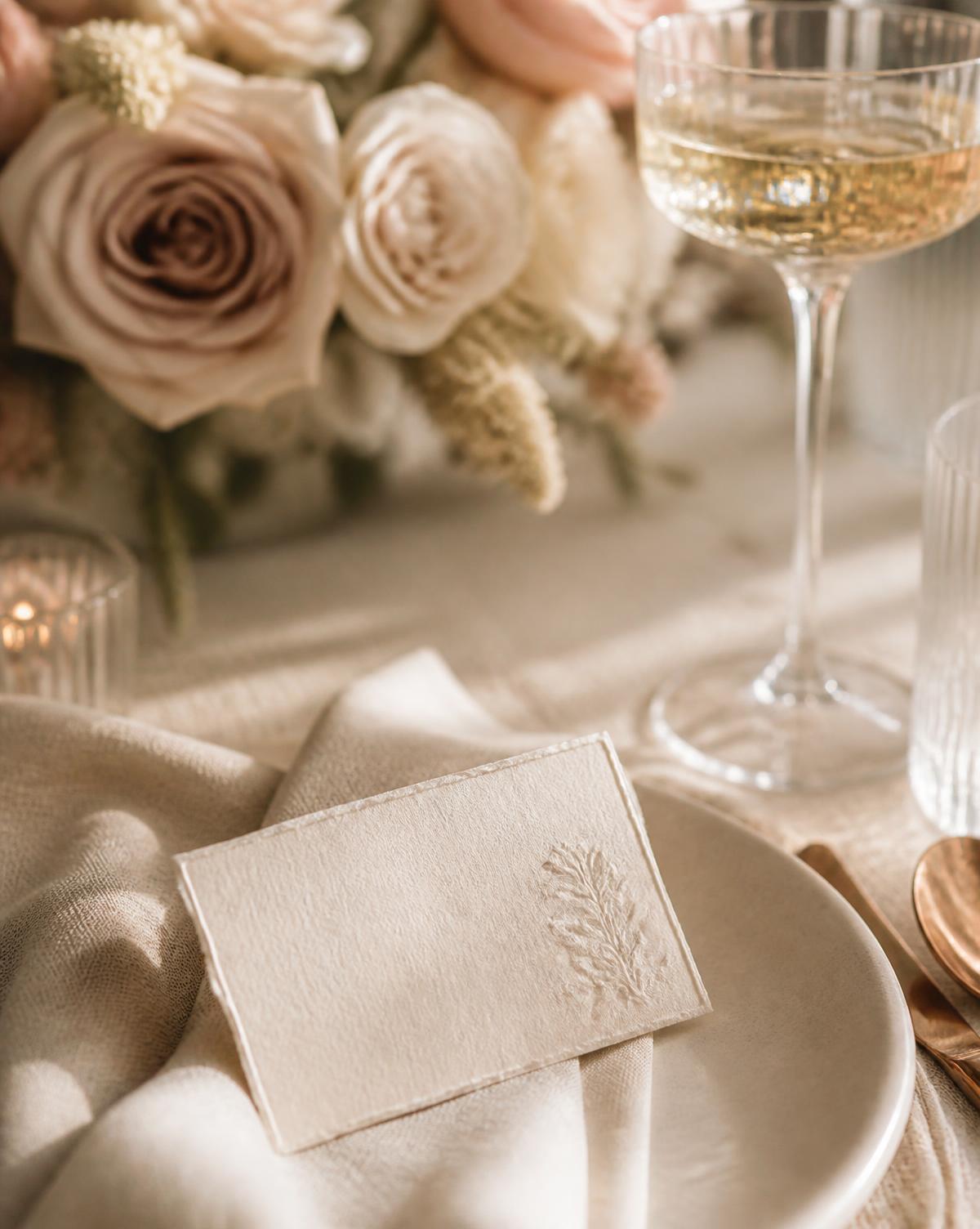 Close detail of an event place setting with a linen napkin, place card and cream roses