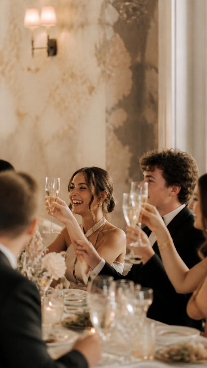 A vertical frame of guests toasting during speeches